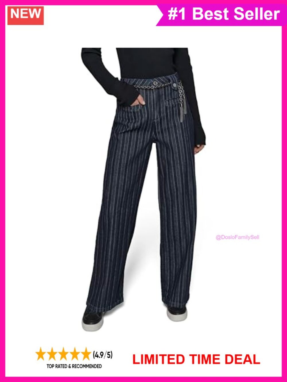 Wide Leg High Rise Jeans with Chain Belt Striped Denim